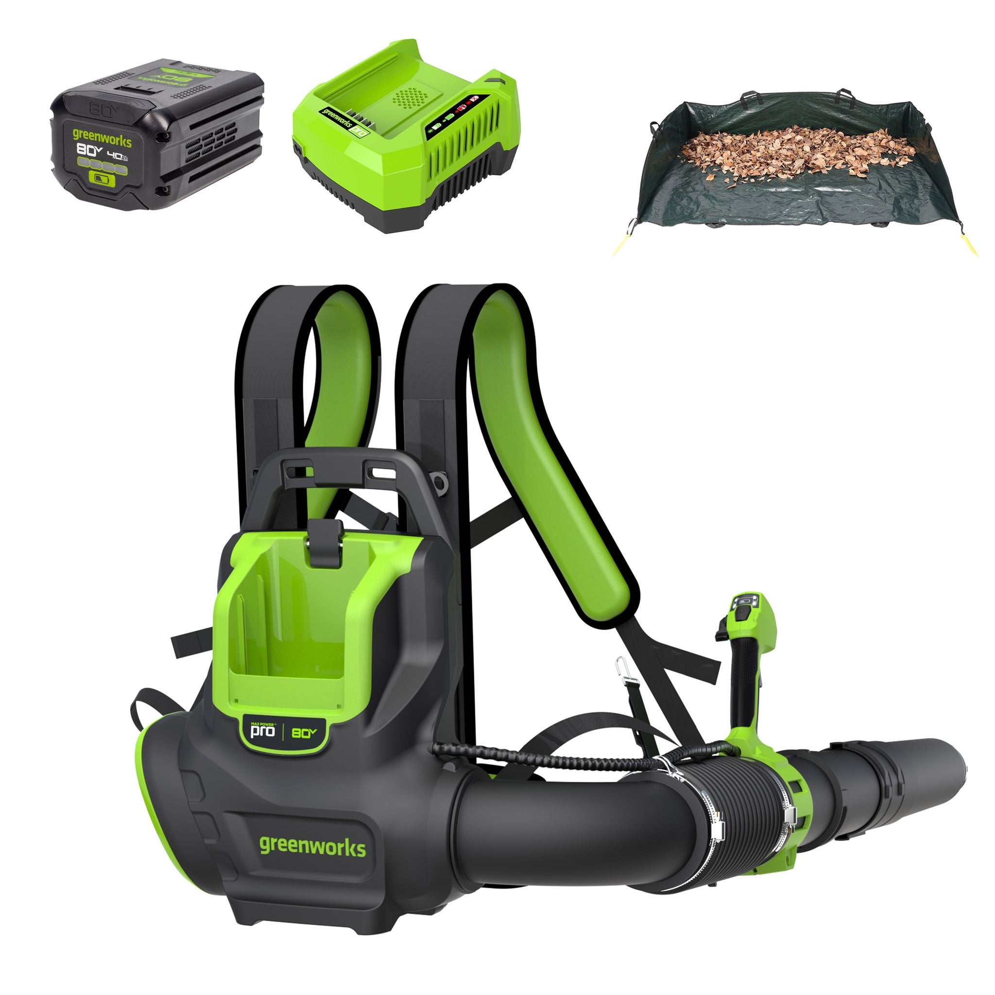 Greenworks 800CFM Backpack Blower (1) 4ah Battery and Leaf Tarp