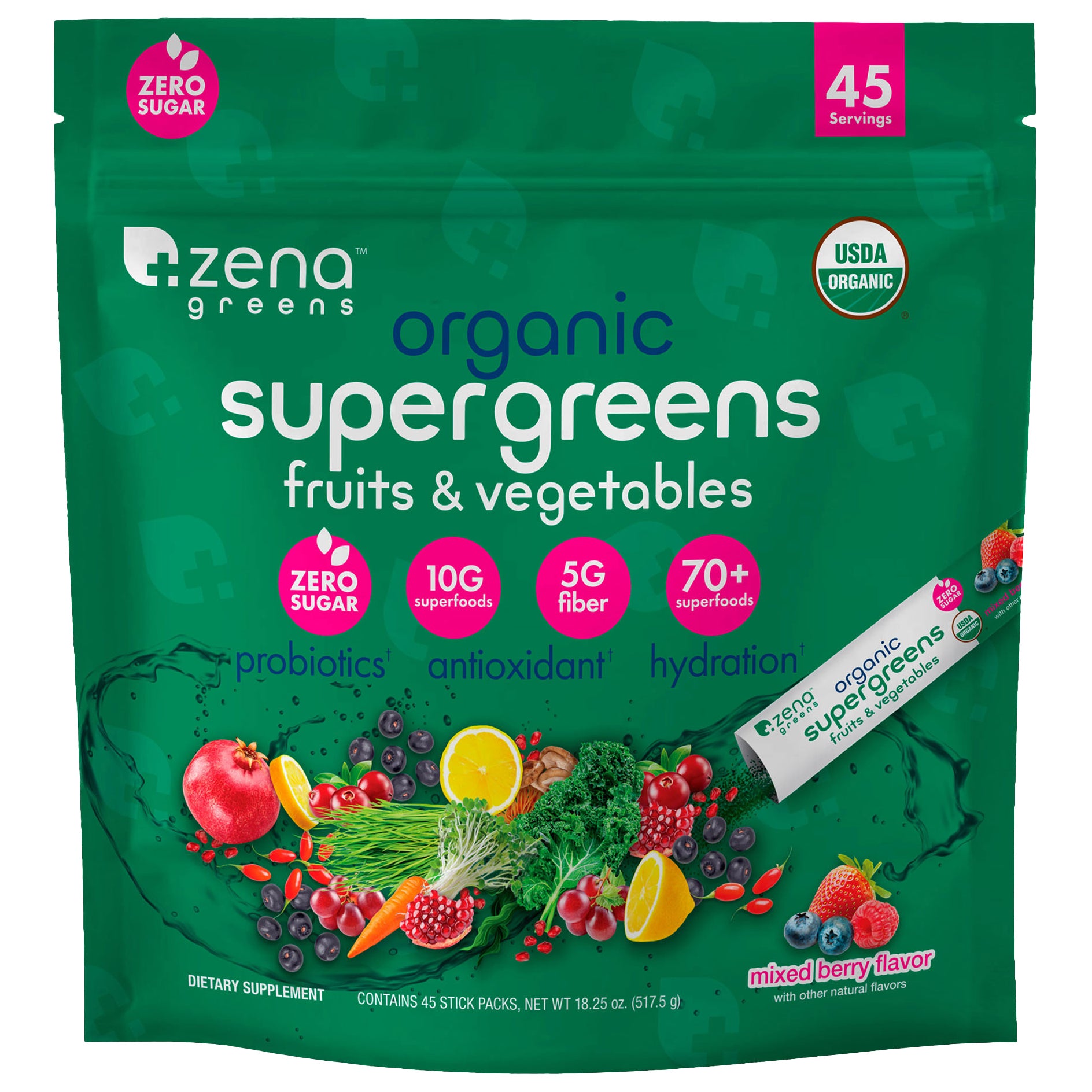 Zena Greens Organic Supergreens Fruits & Vegetables, Mixed Berry