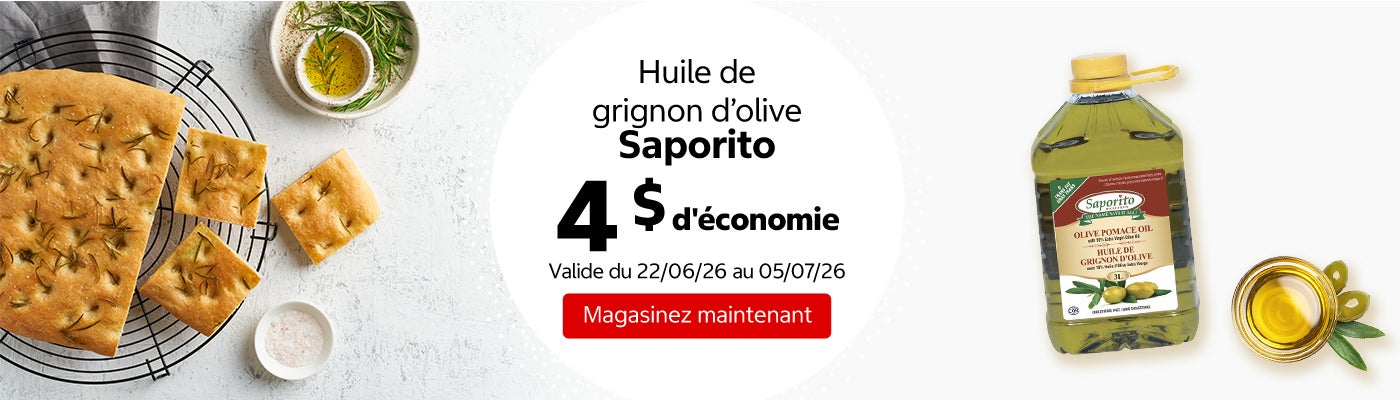 Huile de grignon d’olive Saporito 4 $ d'économie. Valide du 22/06/26 au 05/07/26. Magasinez maintenant