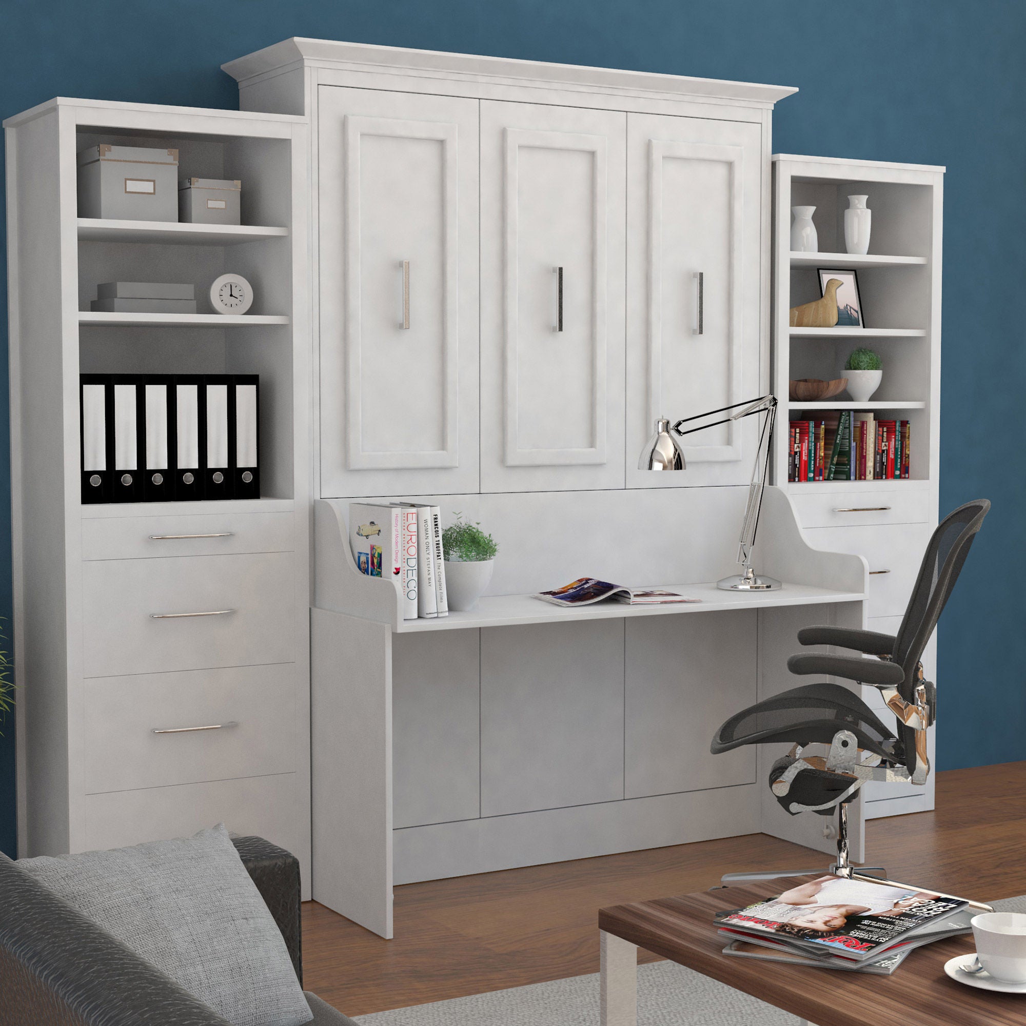 Bed & Room Porter Full Portrait Wall Bed with Desk and Two Side Towers