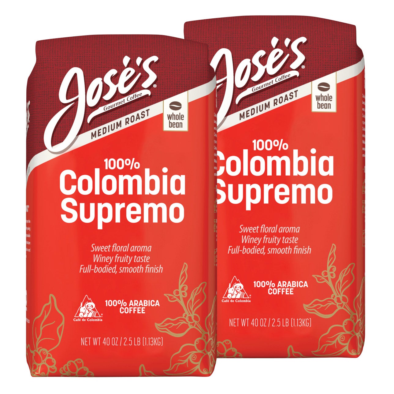 Jose's 100% Colombia Supremo Whole Bean Coffee, Medium, 2.5 lbs, 2-pack