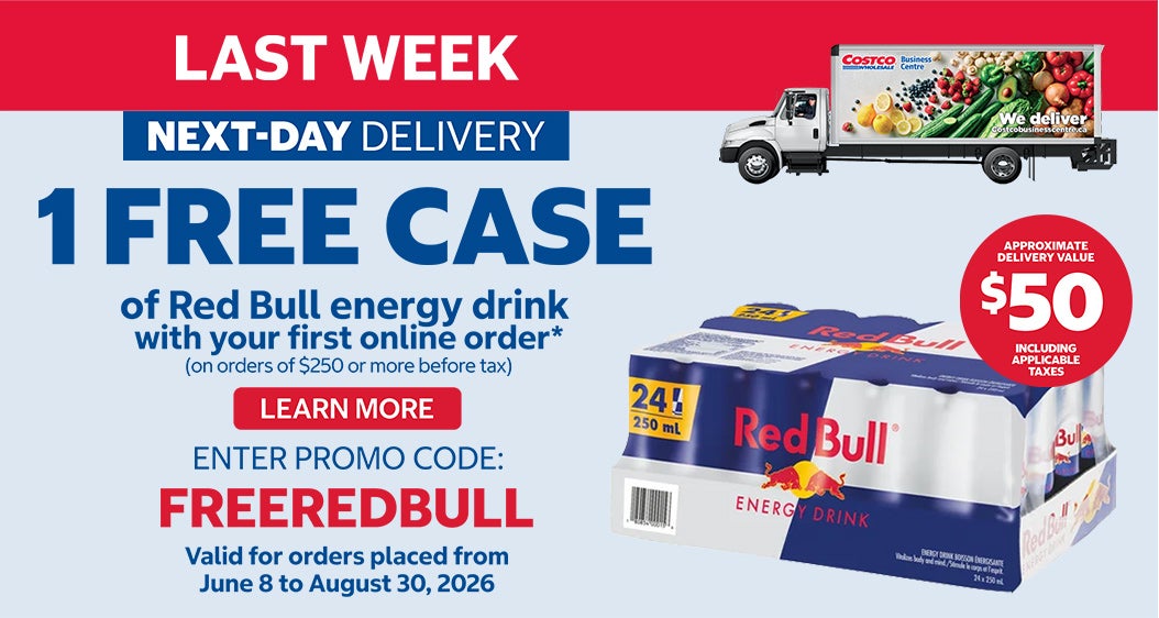 LAST WEEK   NEXT-DAY DELIVERY 1 FREE CASE of Red Bull energy drink with your first online delivery order* (on orders of $250 or more before tax)  ENTER PROMO CODE: FREEREDBULL Valid for orders placed from June 8 to August 30, 2026