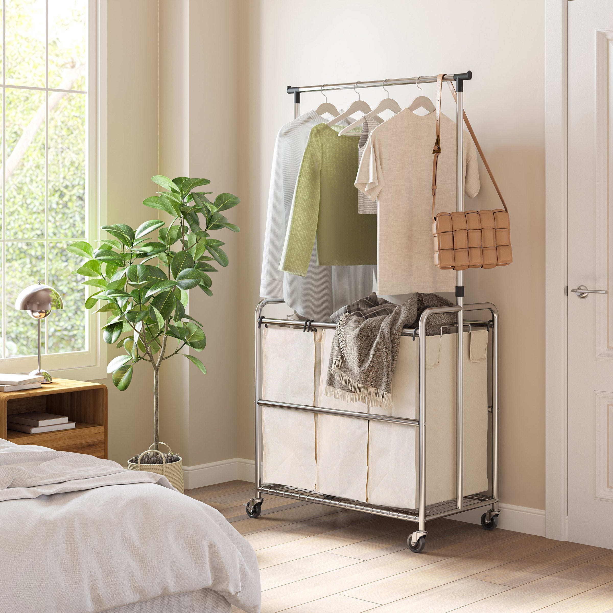 【葵ちゃん】 BRIGHTAGE Cream 2個セット Seville Classics 3-Bag Laundry Sorter with Adjustable Clothes Bar