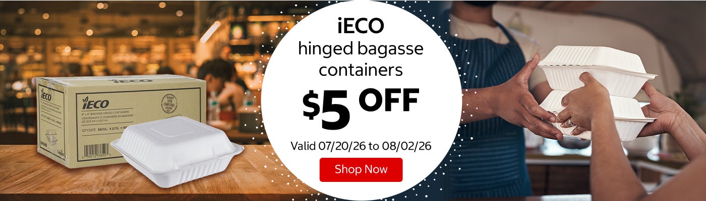 iECO hinged bagasse containers $5 OFF Valid 07/20/26 to 08/02/26 Shop Now 
