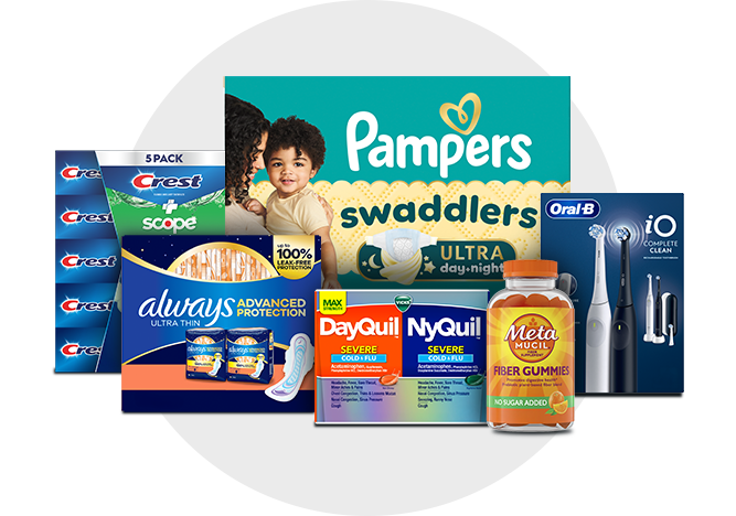 P&G health care products including Pampers, Crest, Always, Vicks, Metamucil, and Oral-B toothbrushes