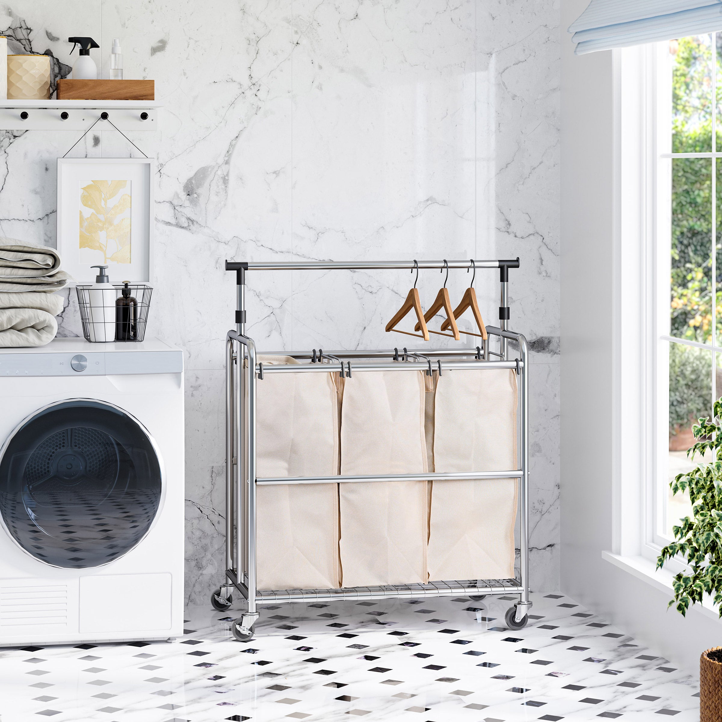 Seville Classics 3-Bag Laundry Sorter with Adjustable Clothes Bar