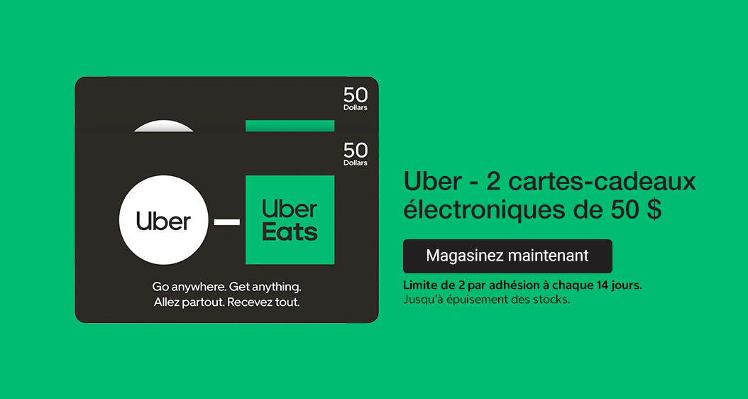Uber – 2 cartes-cadeaux électroniques de 50 $ 79,99 $ livré. Magasinez maintenant. Limite de 2 par membre. Jusqu’à épuisement des stocks.