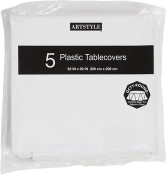 Artstyle Octy-Round Plastic Table Cover, 82"W x 82"L, White, 5 ct