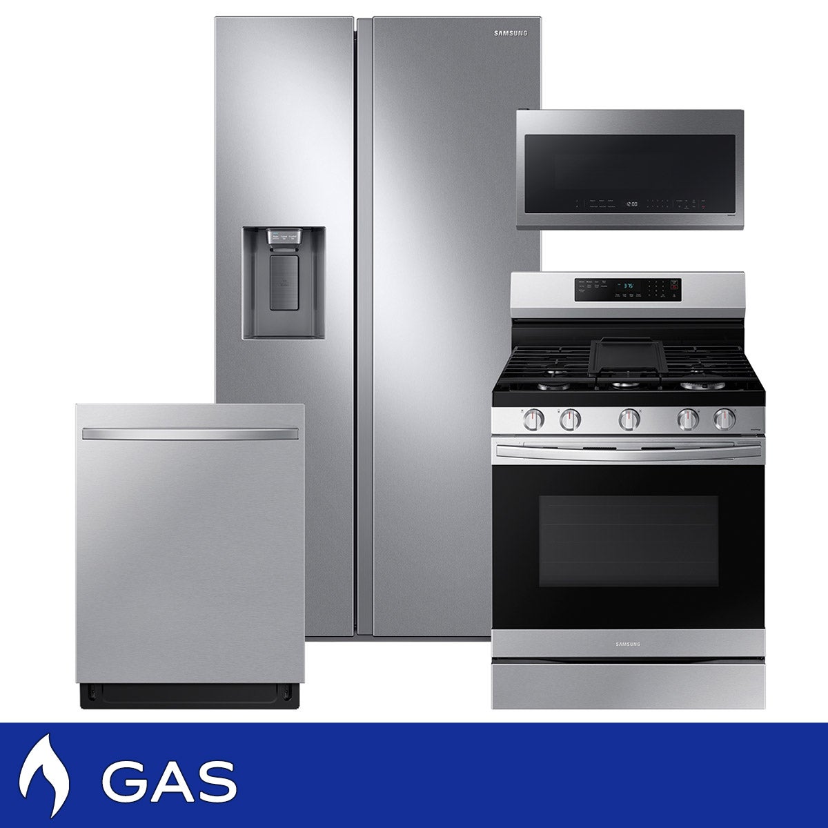 Samsung 4-Piece GAS Kitchen Package with Full Depth Side by Side Refrigerator