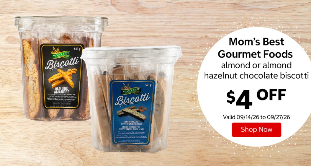 Mom’s Best Gourmet Foods almond or almond hazelnut chocolate biscotti $4 OFF Valid 09/14/26 to 09/27/26 Shop Now 