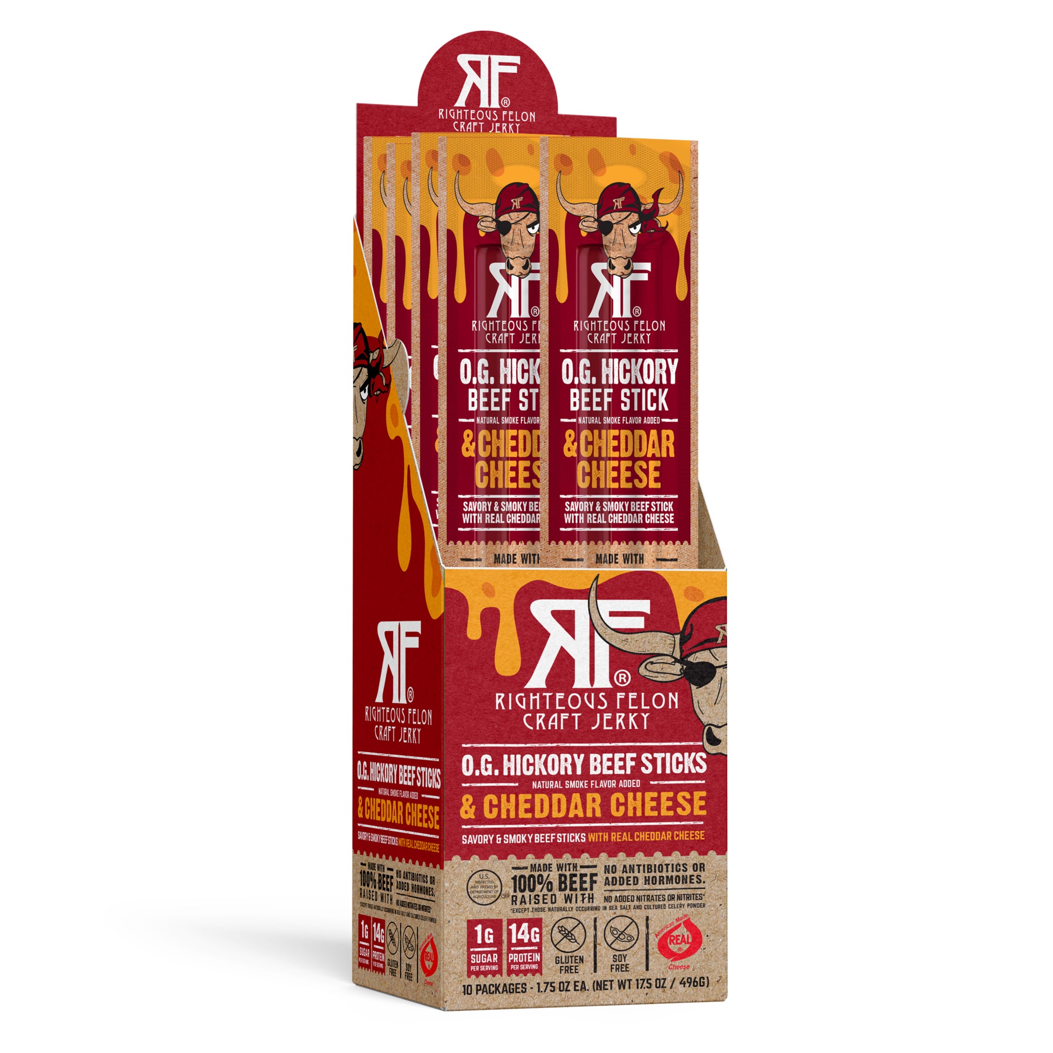 Righteous Felon O.G. Hickory Beef Sticks & Cheddar Cheese Combo, 1.75 oz, 10-count