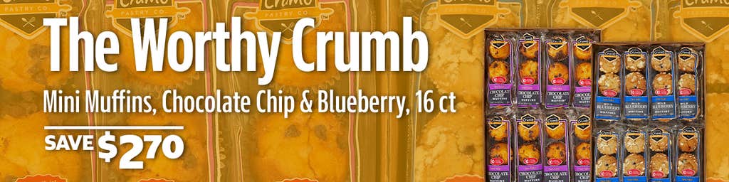 SAVE $2.70 on The Worthy Crumb Mini Muffins, Chocolate Chip & Blueberry, 2.6 oz, 16 ct