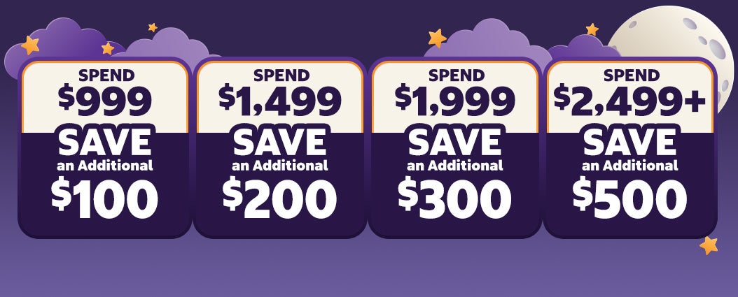 spend $999 save $100, Spend $1,499 Save $200, Spend $1,999 Save $300, Spend $2,499+ Save $500