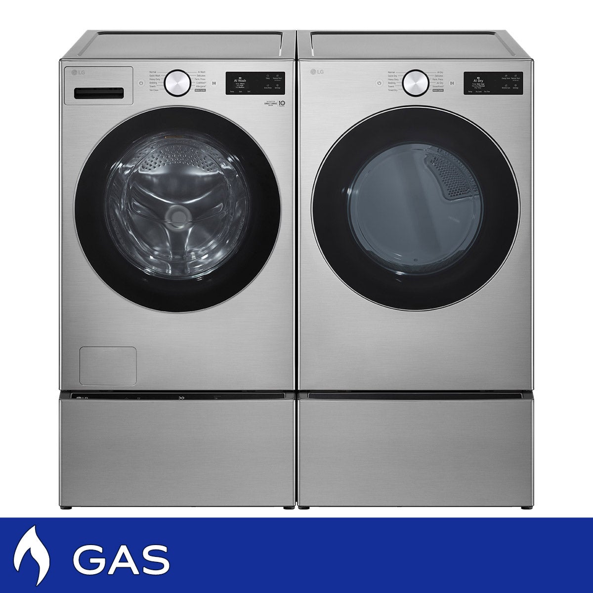 LG 5.0 cu. ft. Mega Capacity Smart Front Load Washer with TurboWash and LG 7.4 cu. ft. Ultra Large Capacity Smart Front Load Gas Dryer with Washer and Storage Pedestal
