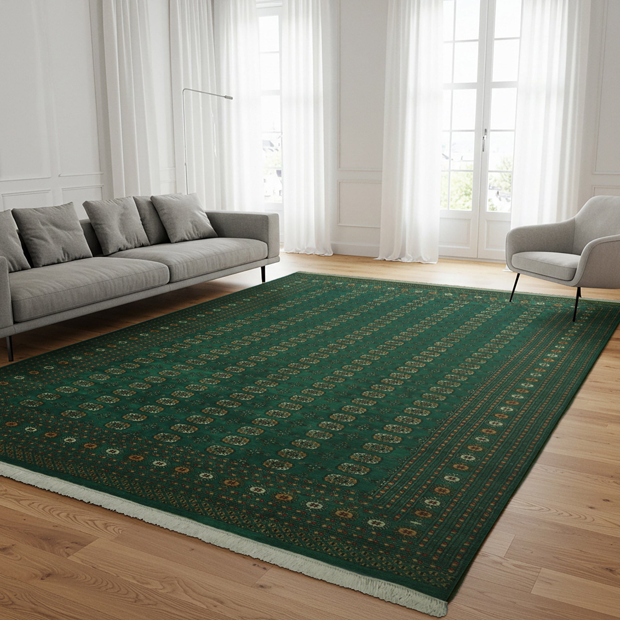 Pakistani Hand Knotted Area Rug, Classic Bukhara Cumra Dark Green