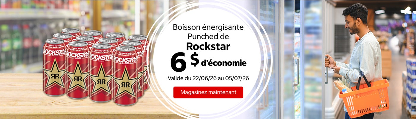 "Boisson énergisante Punched de Rockstar 6 $ d'économie. Valide du 22/06/26 au 05/07/26. Magasinez maintenant"