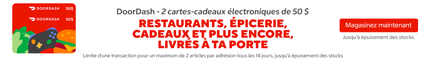 DoorDash - 2 cartes-cadeaux électroniques de 50 $.  Limite d'une transaction pour un maximum de 2 articles par adhésion tous les 14 jours, jusqu’à épuisement des stocks.