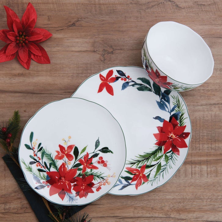  クリスマスポインセチア 食器セット12月15日まで Mikasa Merry Poinsettia 12-piece Bone China Dinnerware Set | Costco