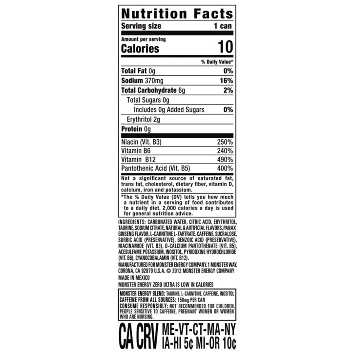how much l carnitine is in white monster Monster Energy Drink, Zero Ultra, 16 fl oz, 24 ct