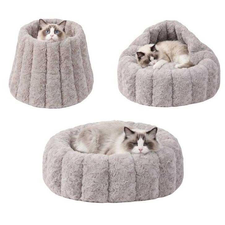 PawsPik 3-in-1 Convertible Plush Cave and Donut Bolster Pet Bed