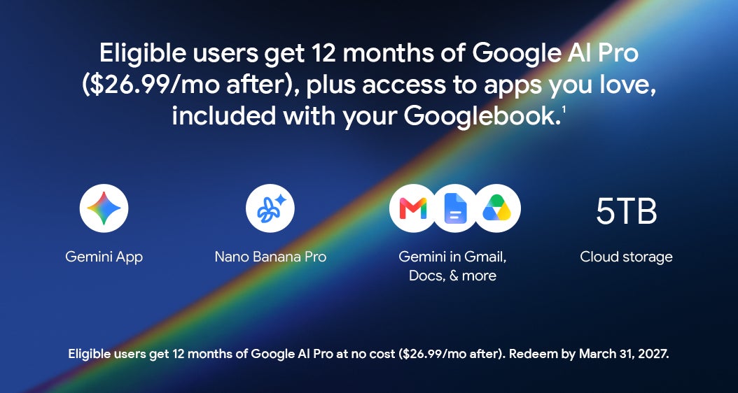 Eligible users get 12 months of Google Al Pro ($26.99/mo after), plus access to apps you love, included with your Googlebook.1 Gemini App Nano Banana Pro Gemini in Gmail, Docs, & more Cloud storage Eligible users get 12 months of Google Al Pro at no cost ($26.99/mo after). Redeem by March 31, 2027.