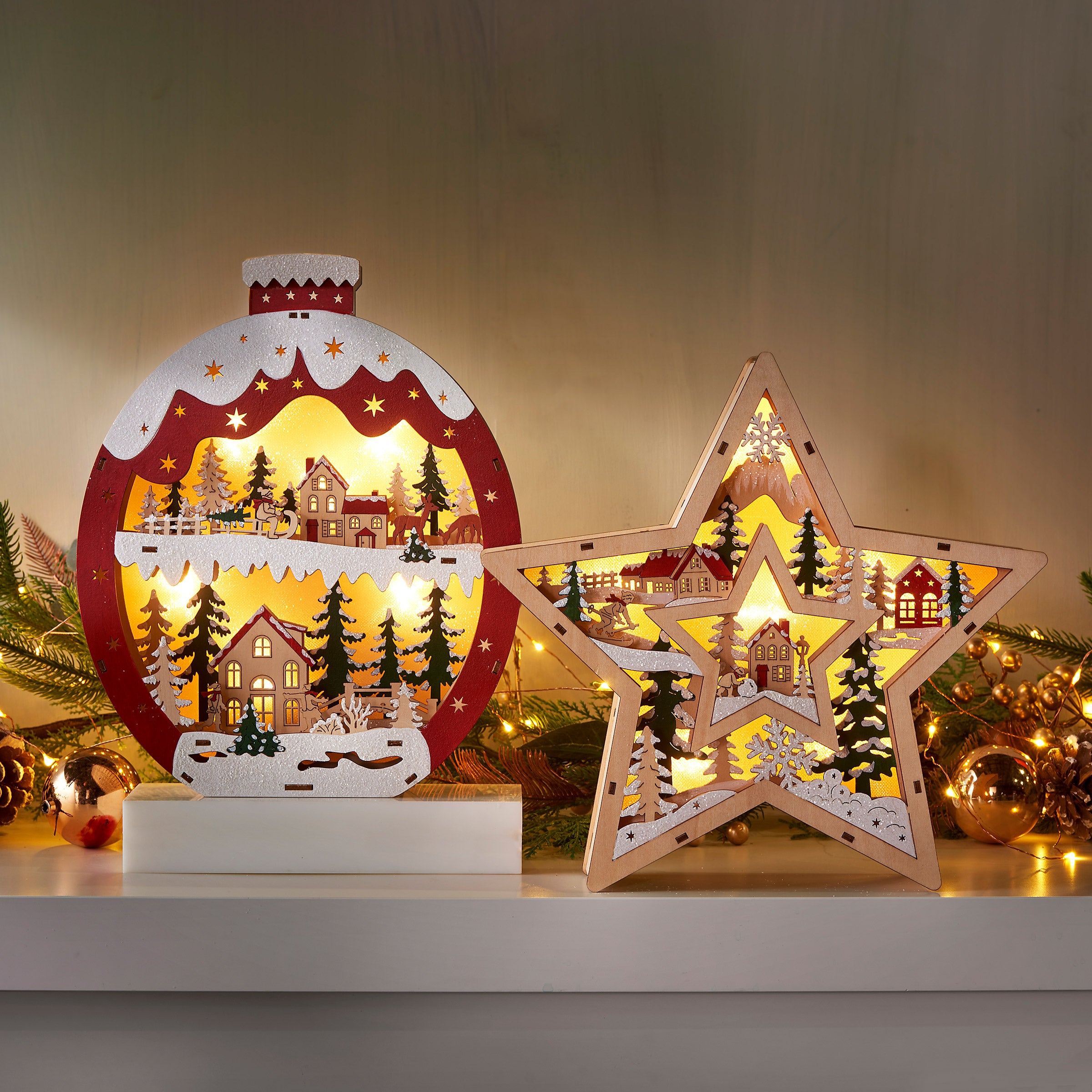 Wooden Holiday Light Up Icons, Ornament and Star, Set of 2 | Costco