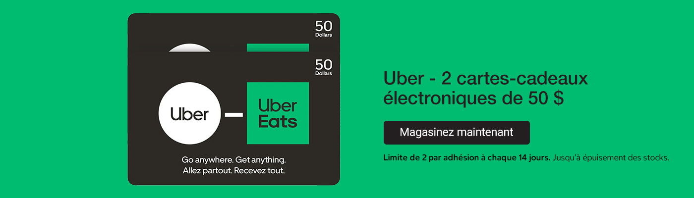 Uber - 2 cartes-cadeaux électroniques de 50 $. Limite de 2 par adhésion à chaque 14 jours. Jusqu’à épuisement des stocks.