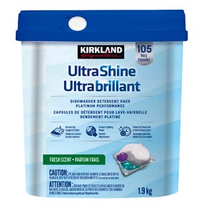 Kirkland Signature UltraShine Dishwasher Detergent Pacs Platinum Performance, 105-count