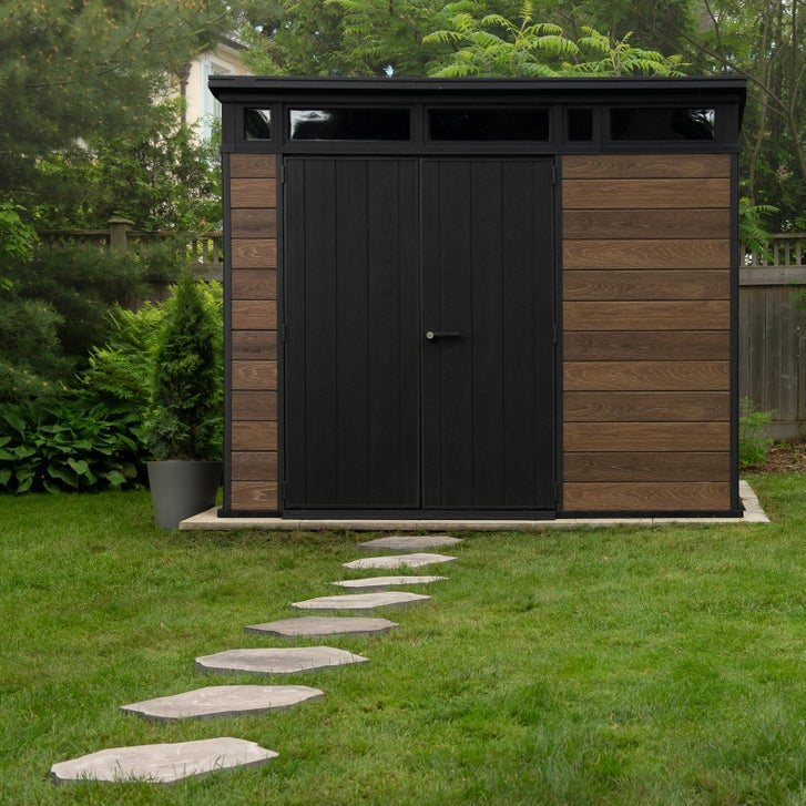 Keter Signature Collection 9x7 Modern Outdoor Storage Shed, Walnut