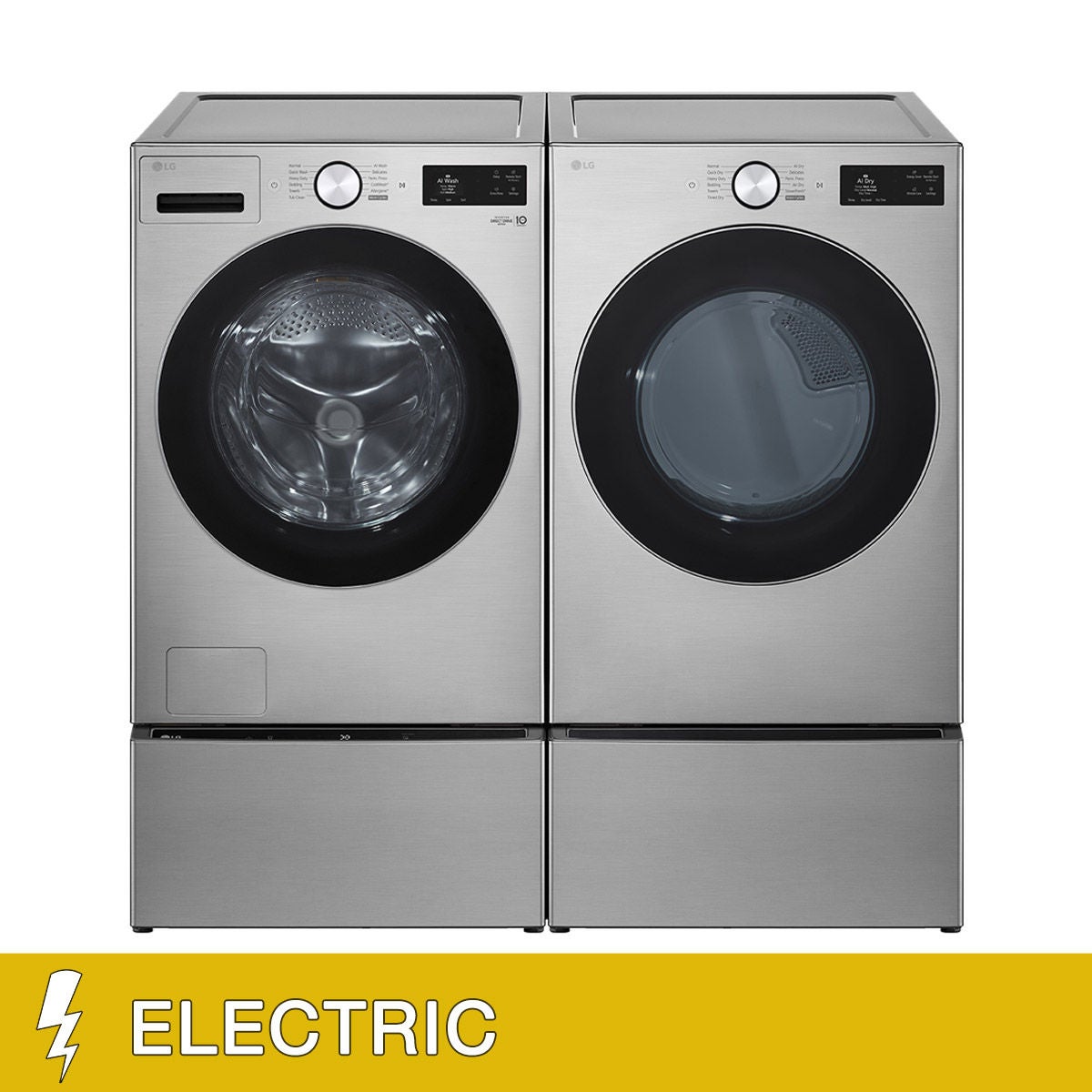LG 5.0 cu. ft. Mega Capacity Smart Front Load Washer with TurboWash and LG 7.4 cu. ft. Ultra Large Capacity Smart Front Load Electric Dryer with Storage Pedestals