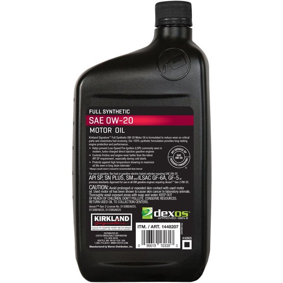 Kirkland Signature SAE 0W-20 Full Synthetic Motor Oil, 1 Quart, 6
