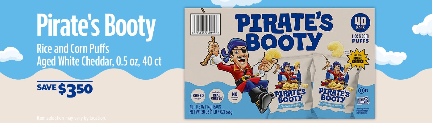 SAVE $3.50 on Pirate's Booty Rice and Corn Puffs, Aged White Cheddar, 0.5 oz, 40 ct