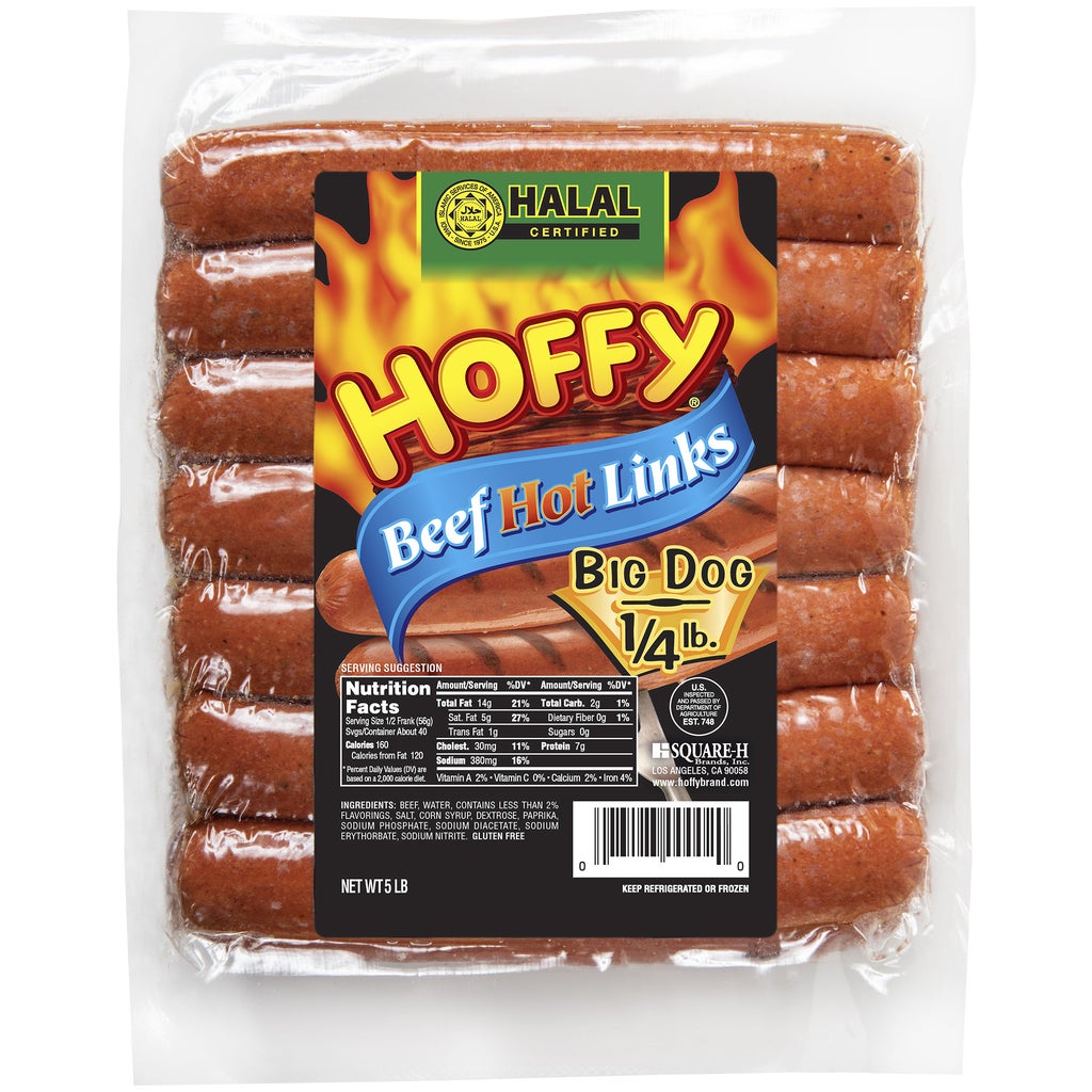 Hoffy Halal Big Dog Beef Hot Links, Quarter Pound, 5 lbs, 20 Links