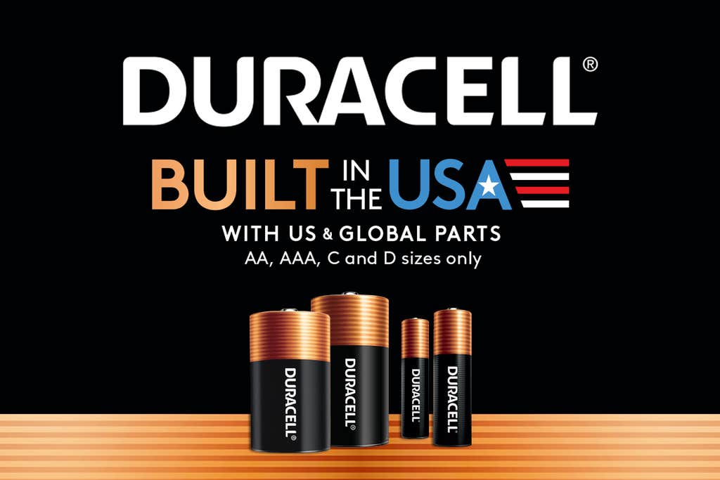 Duracell built in the USA with Us & Glbal Parts, AA, AAA and D sizes only 