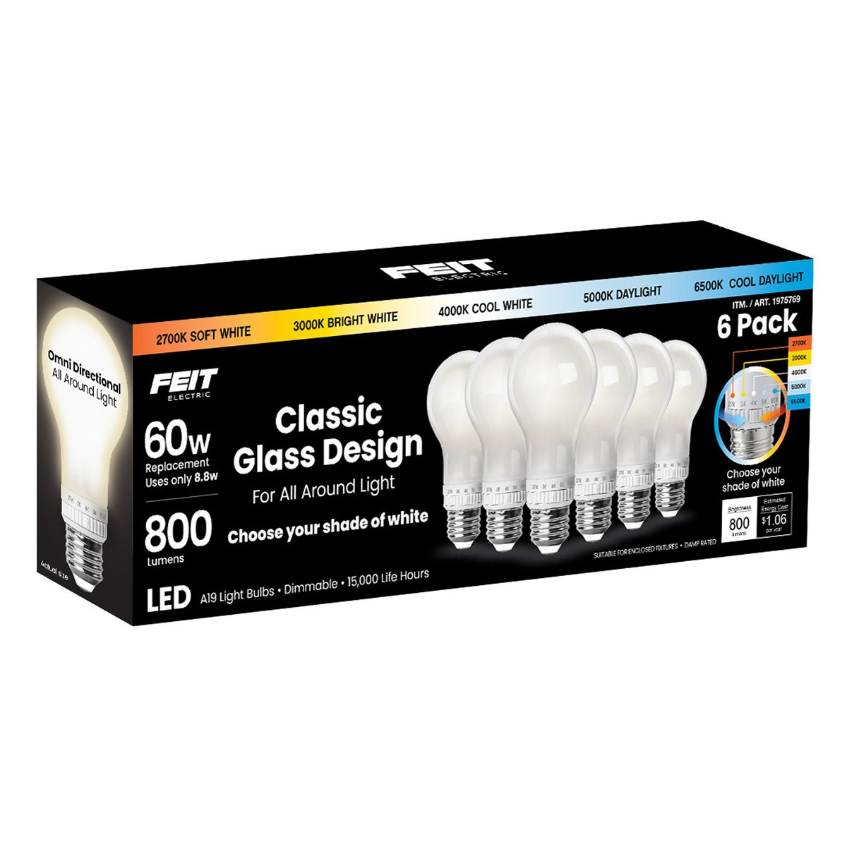 FEIT ELECTRIC ^ 60W 5-CCT OMNI GLASS LED LIGHT BULB 6 PACK