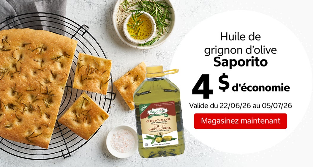 Huile de grignon d’olive Saporito 4 $ d'économie. Valide du 22/06/26 au 05/07/26. Magasinez maintenant