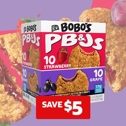 SAVE $5 on Bobo's PB&J's Oat Bar, Variety Pack, 2.1 oz, 20 ct