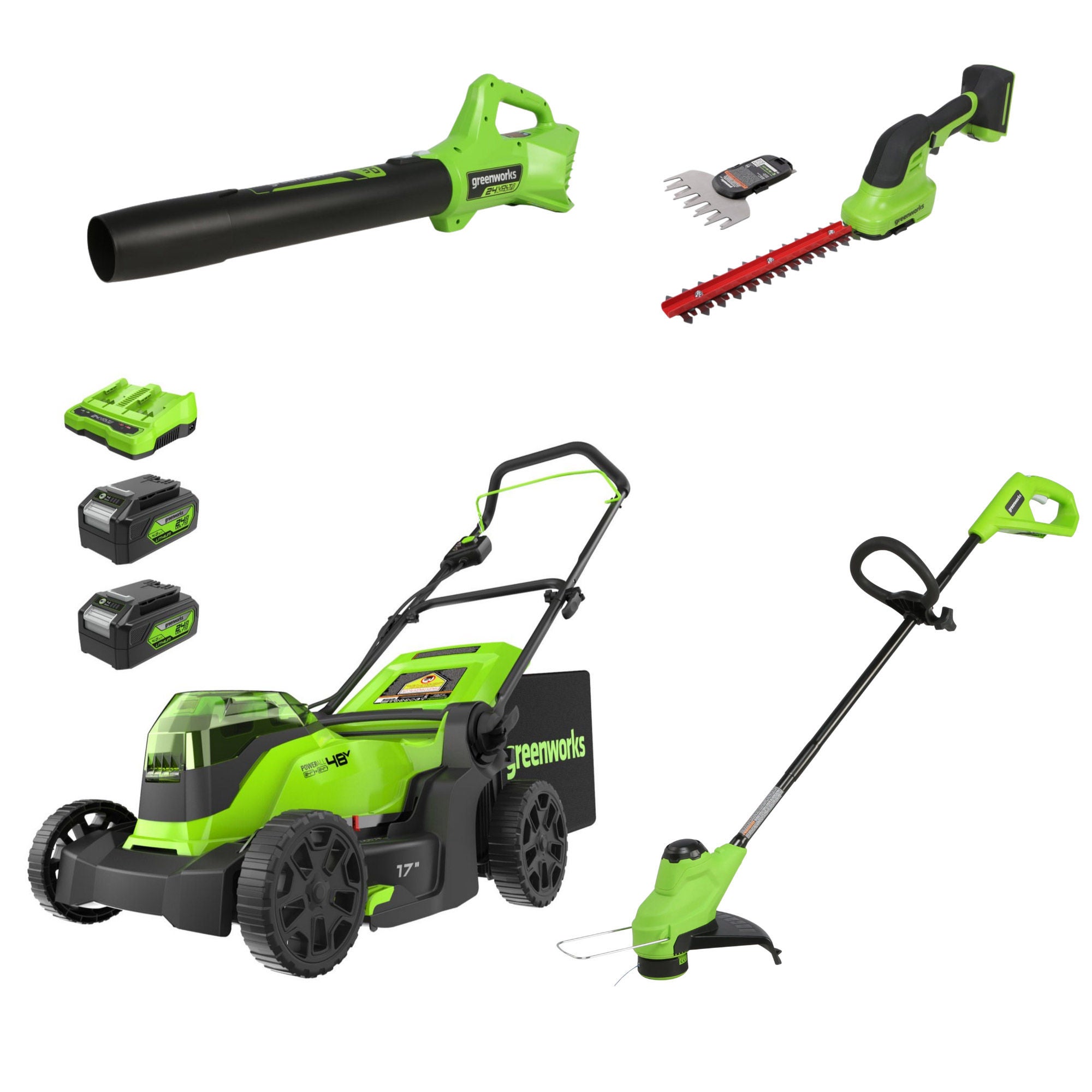 Ensemble de 4 outils Greenworks 24V – Tondeuse de 17 po, coupe