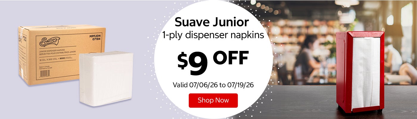 Suave Junior 1-ply dispenser napkins $9 OFF Valid 07/06/26 to 07/19/26 Shop Now 