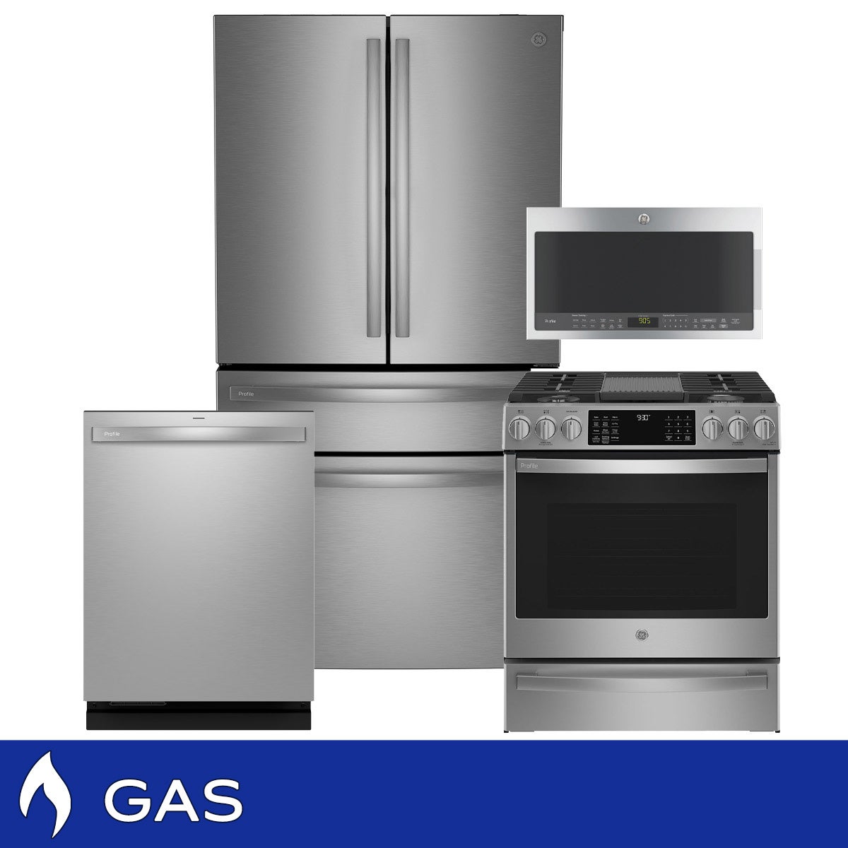 GE Profile 4-piece GAS Kitchen Package with 23.2 cu. ft. Counter-depth 4-door French Door Refrigerator