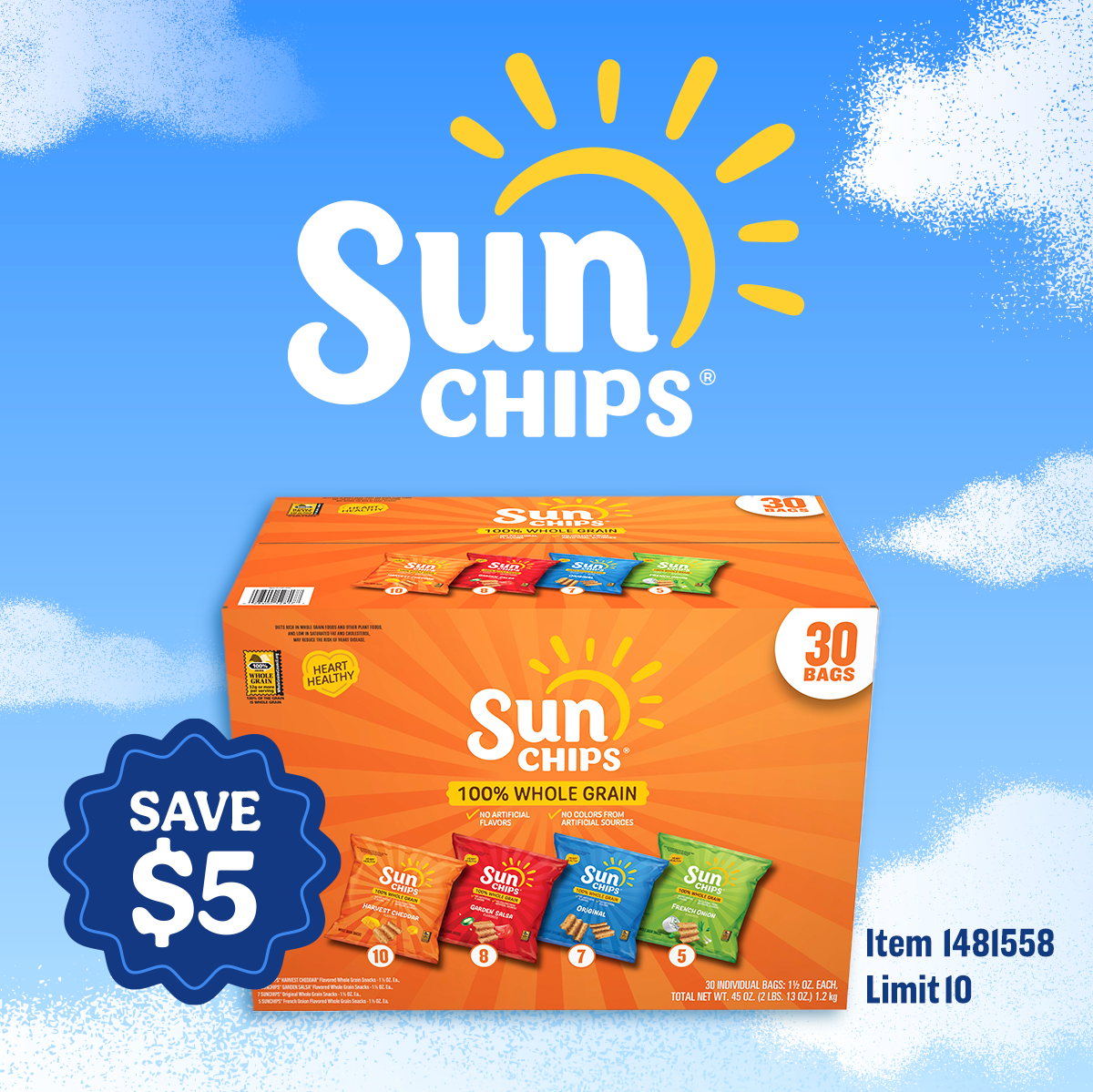 SAVE $5 on SunChips Whole Grain Snacks, Variety Pack, 1.5 oz, 30 ct. Item 1481558. Limit 10.