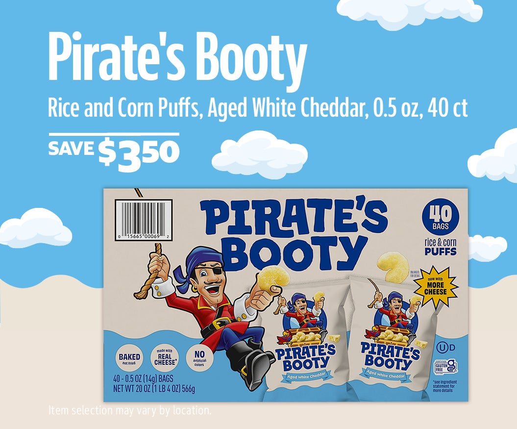 SAVE $3.50 on Pirate's Booty Rice and Corn Puffs, Aged White Cheddar, 0.5 oz, 40 ct
