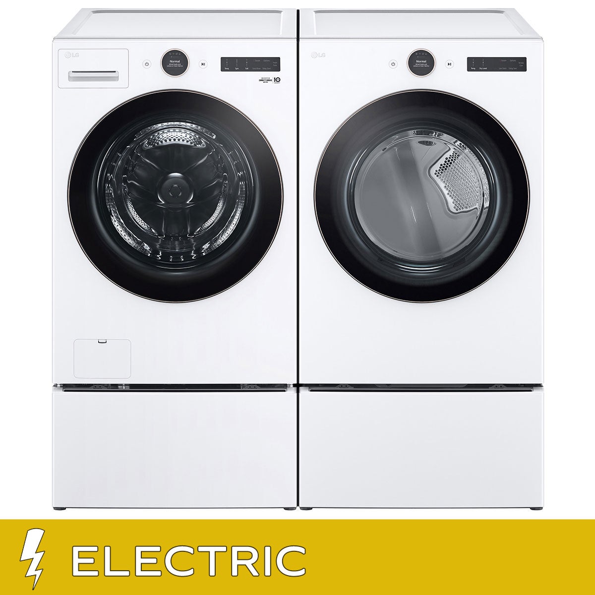 LG 5.0 cu. ft. Mega Capacity Smart Front Load Washer with TurboWash 360 and 7.4 cu. ft. ELECTRIC Dryer with AI Sensor Dry and TurboSteam with Washer and Storage Pedestal