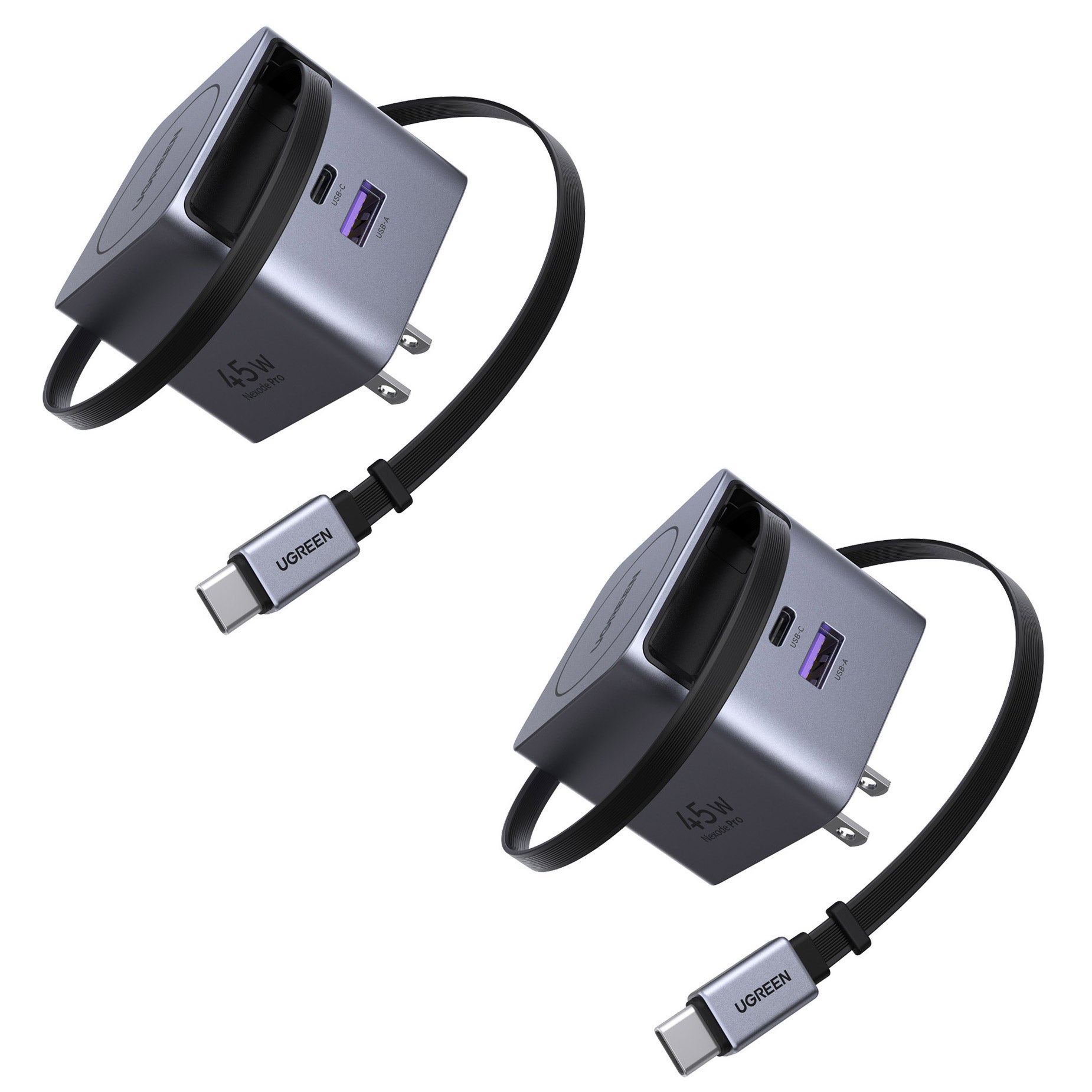 UGREEN Nexode 45W USB-C Charger Block with Retractable Cable, 2-Pack