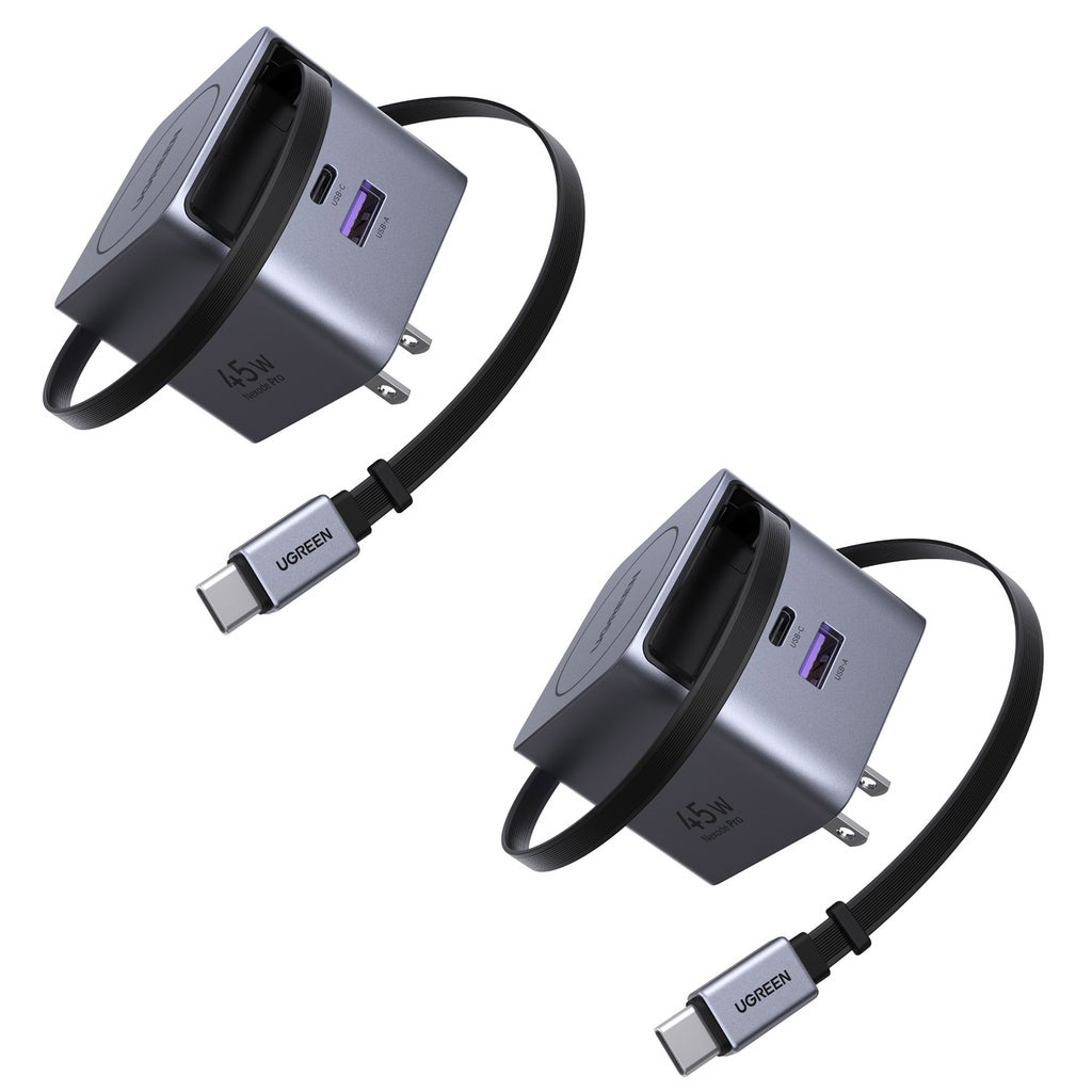 Unit Cell Packing UGREEN Nexode 45W USB-C Charger Block with Retractable Cable, 2-Pack ...
