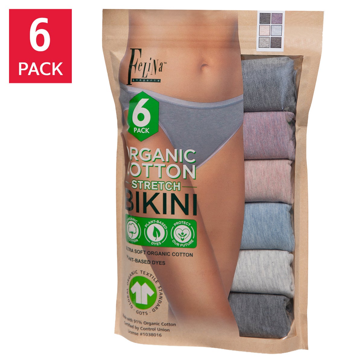 Felina Women's Organic Cotton Stretch Bikini, 6-pack
