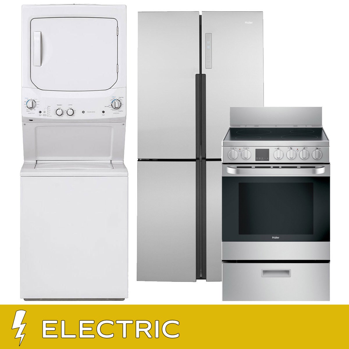 GE 3-piece ELECTRIC Compact Living Package with Haier Refrigerator and Range and GE Unitzed Laundry