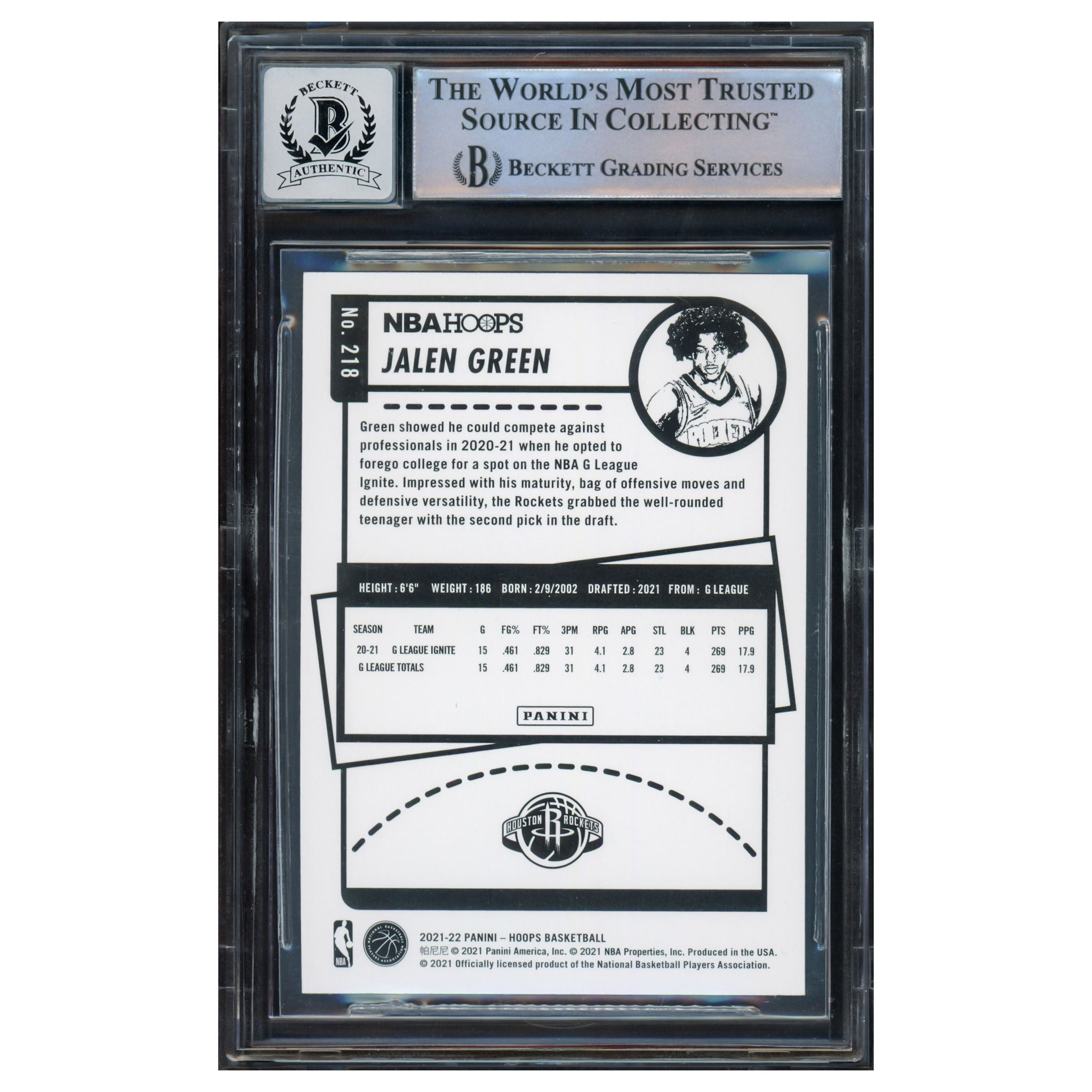 Jalen Green Autographed 2021-22 NBA Hoops Rookie Card #218 Houston