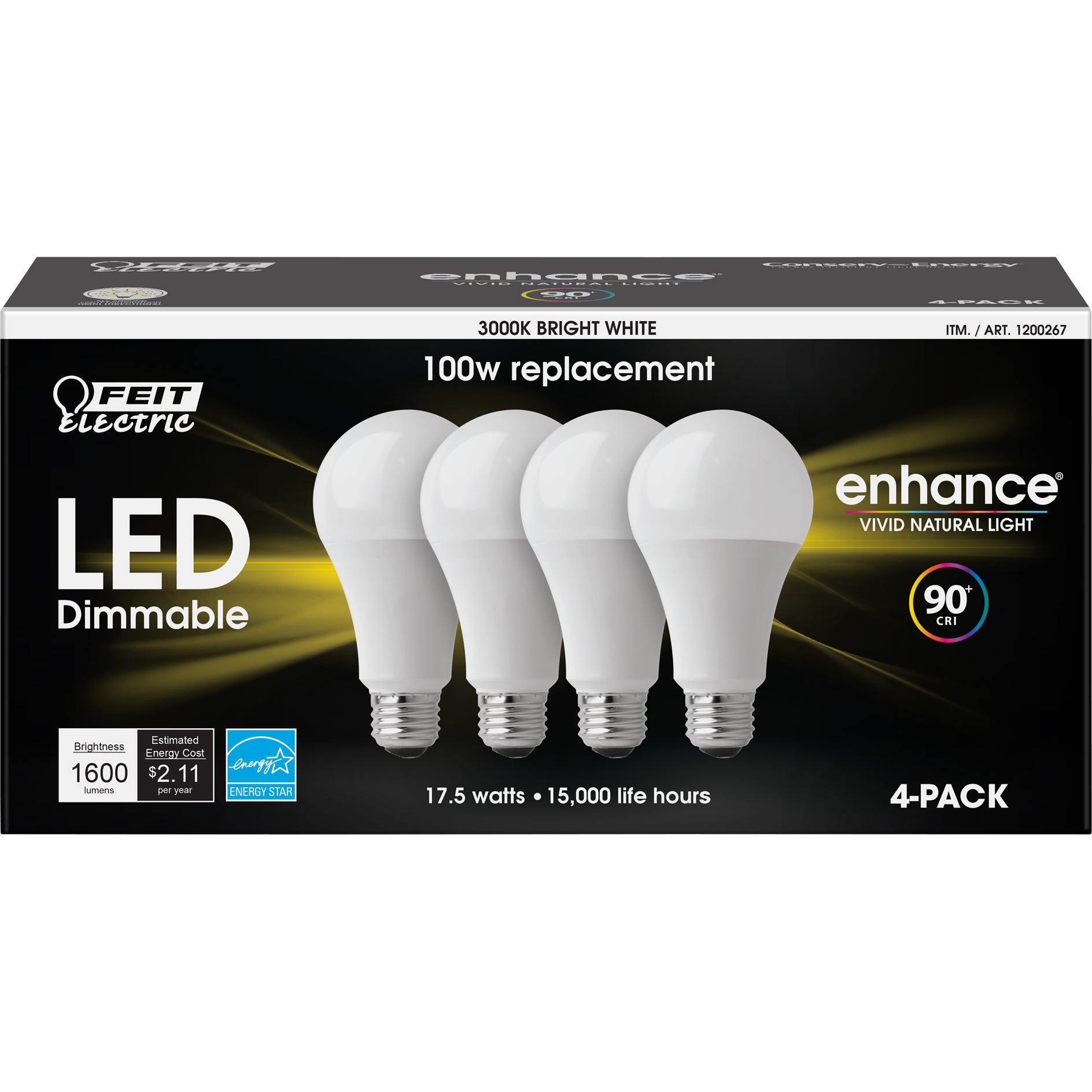 Feit Electric LED Dimmable Bulbs, 100 Watt, Bright White, 4 ct
