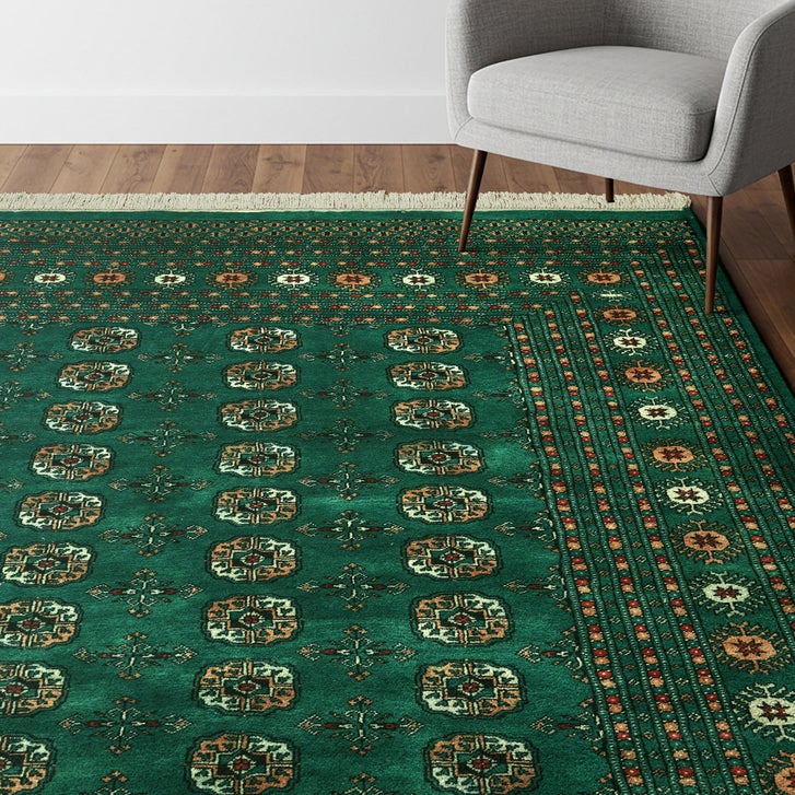 Pakistani Hand Knotted Area Rug, Classic Bukhara Cumra Dark Green